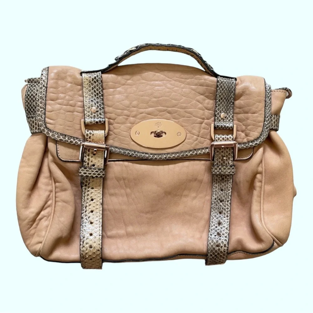 Mulberry Beige Leather Satchel with Snakeskin-Trim